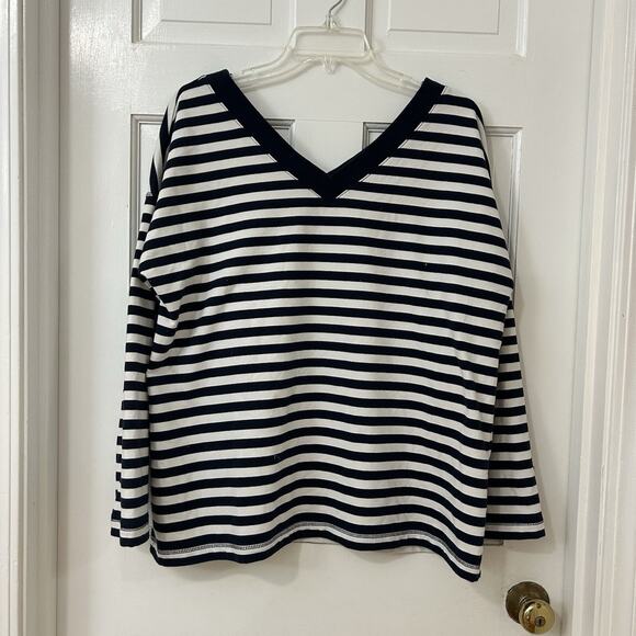 J. JILL FIT Sz L Striped Nautical Knit Navy Blue White‎ 3/4 Sleeve Double V Neck - Picture 1 of 4